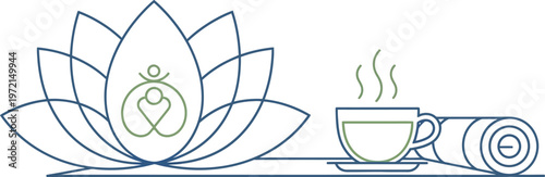 Minimalist line art illustration featuring a lotus flower symbol with a yoga mat and tea cup