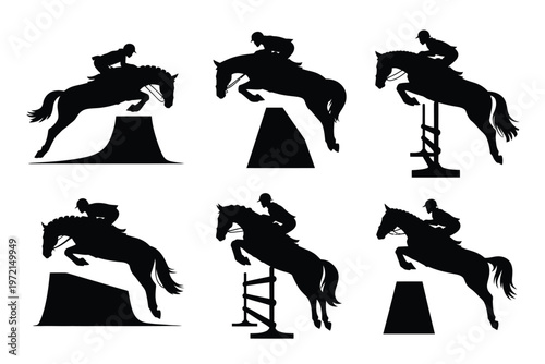 Silhouettes of riders and horses leaping over obstacles in dynamic poses showcasing equestrian skills and competitive show jumping in a minimalist style