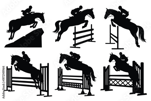 Silhouettes of equestrian riders jumping horses over various obstacles in a dynamic show jumping competition sleek and black design
