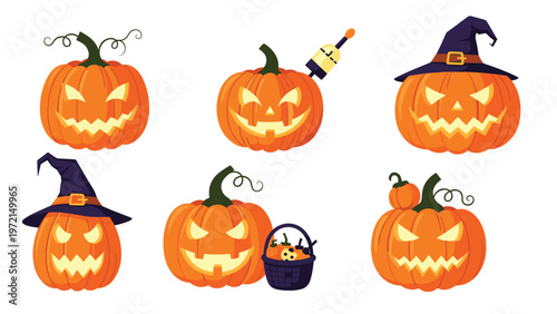 Set of six various halloween jack o lantern pumpkins with different facial expressions and purple witch hats for seasonal party decoration.