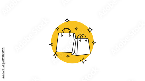 E-commerce shopping concept with two white paper gift bags and gold stars on a yellow circular background for retail sales and promotions.