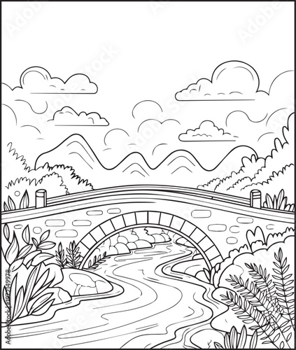 Mountain landscape outdoor scenery with bridge coloring page for kids, black line art vector illustration for activity book design