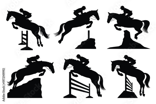 Silhouettes of riders on horses jumping over obstacles in a show jumping competition dynamic motion and equestrian sport concept black and white illustration athletic performance