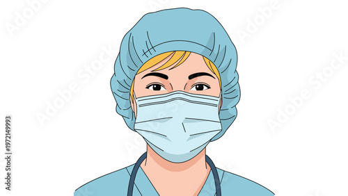 Portrait of a female healthcare professional wearing a medical surgical cap and protective face mask with a stethoscope for doctor service.