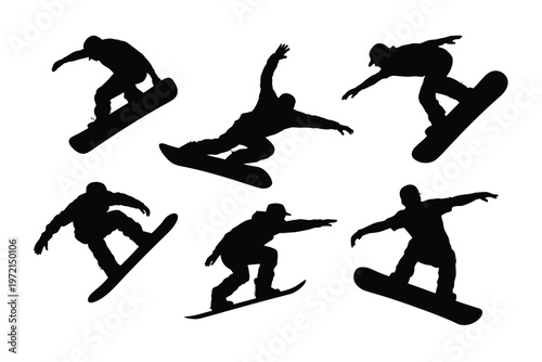 Dynamic silhouettes of snowboarders performing stunts and tricks in mid air against a clean white background