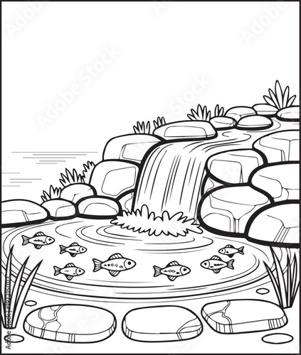 Mountain landscape outdoor scenery waterfall coloring page for kids, black line art vector illustration for activity book design