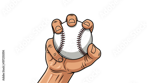 Hand firmly gripping a white baseball with red stitching representing sports athletic activity and team game competition isolated on white.