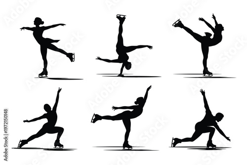Silhouettes of skaters performing dynamic jumps spins and graceful poses on ice capturing the fluidity and elegance of figure skating