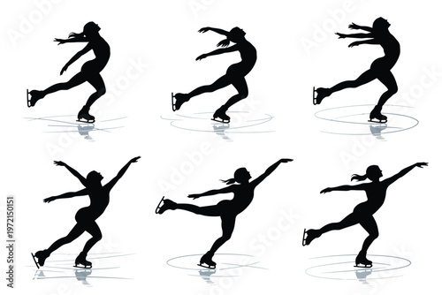 Silhouettes of a graceful figure skater performing dynamic jumps and spins on ice in six poses