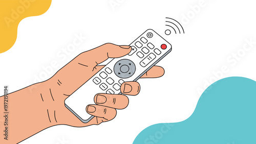 Hand holding a white remote control pointing and sending a wireless infrared signal to a device for home entertainment and comfort tech.