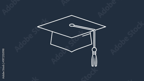Simple white line art outline of a graduation cap mortarboard icon on a dark blue background for academic success and student achievement.