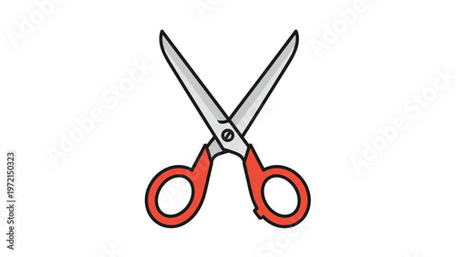 Pair of sharp steel scissors tool with red plastic handles for office school craft and sewing use isolated on white background illustration.