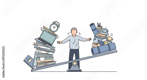Work Life Balance Imbalance Concept Illustration, Overworked Employee and Time Management Stress