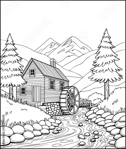 Mountain landscape outdoor scenery coloring page for kids, black line art vector illustration for activity book design