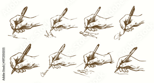 Vintage Hand Drawn Illustration Set of Hands Signing and Writing with Pen