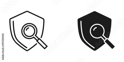 Search icon variations within a shield emblem for security and investigation themes
