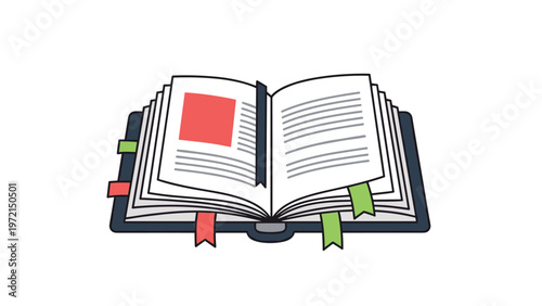 Open hardcover book with several colorful bookmarks sticking out from the pages representing study and reading progress.
