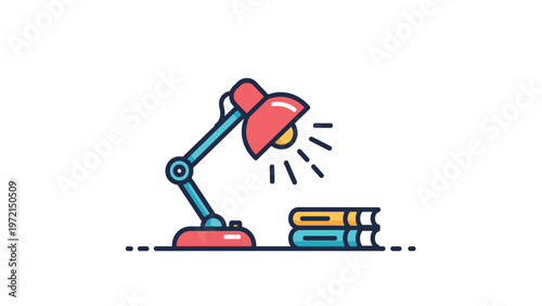 Red desk lamp illuminating a stack of two books on a surface representing a workspace or study area at night.