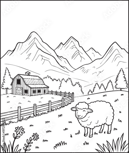 Mountain landscape outdoor scenery coloring page for kids, black line art vector illustration for activity book design