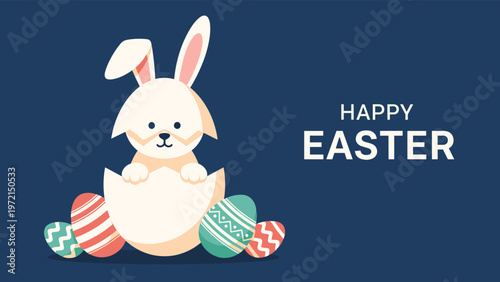 Cute Easter bunny peeking out from a cracked white eggshell surrounded by colorful decorated Easter eggs on a dark blue background.