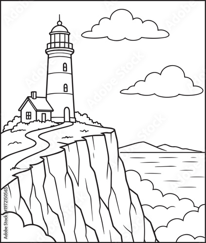 Mountain landscape outdoor scenery with lighthouse coloring page for kids, black line art vector illustration for activity book design