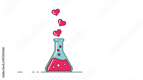 Scientific laboratory flask filled with red liquid and several pink hearts floating out like bubbles representing love chemistry.