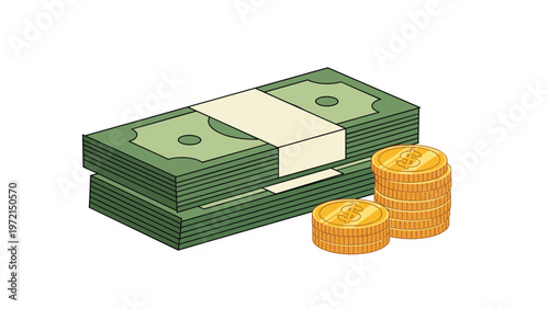Wealth and finance concept showing two large stacks of green dollar banknotes next to piles of gold dollar coins.
