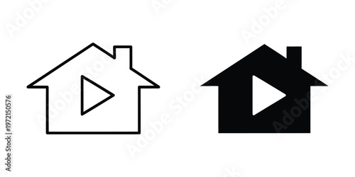 Contrasting house icons with play button symbols inside them in different styles