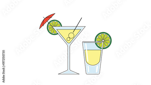 Illustration of a martini glass and a shot glass filled with yellow drinks and garnished with lime slices and a cocktail umbrella.