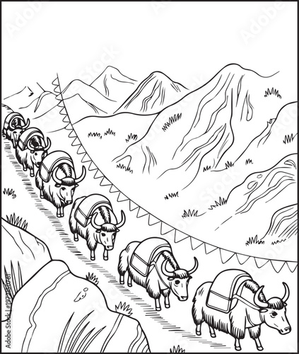 Mountain landscape outdoor scenery and cows walking beside hill coloring page for kids, black line art vector illustration for activity book design