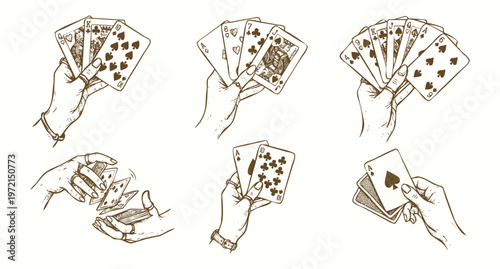 Vintage Hand Drawn Illustration Set of Hands Holding and Shuffling Playing Cards