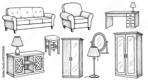 Detailed Sketch of Assorted Furniture Pieces for Interior Design.