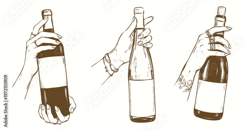 Vintage Hand Drawn Illustration Set of Hands Holding Wine Bottles