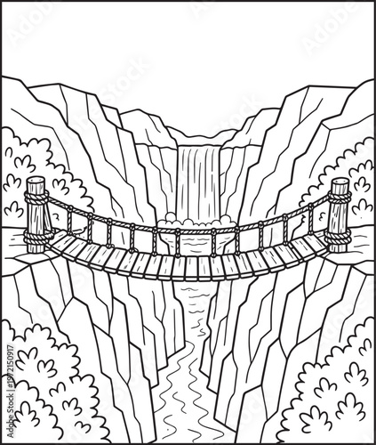 Mountain landscape with hanging bridge outdoor scenery coloring page for kids, black line art vector illustration for activity book design