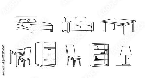 Furniture Sketch - Bed, Sofa, Table, Chair, Dresser, Bookshelf, Lamp.