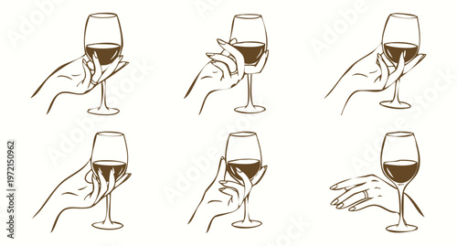Vintage Hand Drawn Illustration Set of Hands Holding Wine and Champagne Glasses