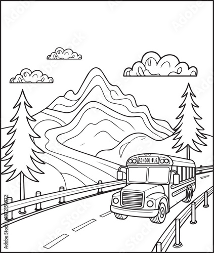Mountain landscape outdoor scenery school bus running on road coloring page for kids, black line art vector illustration for activity book design