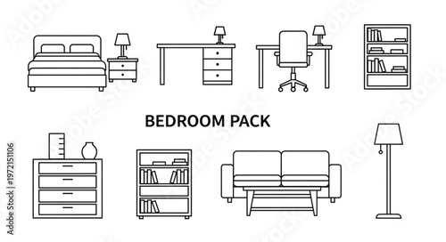 Bedroom Furniture Pack Line Art Illustration.