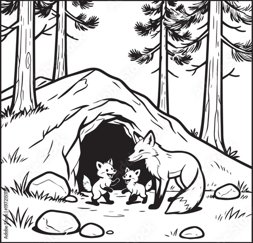 Mountain landscape outdoor scenery three fox playing in front of den coloring page for kids, black line art vector illustration for activity book design