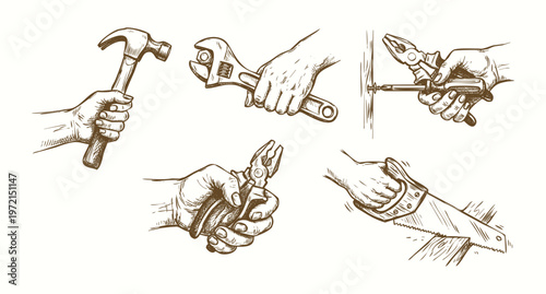 Vintage Hand Drawn Illustration Set of Hands Using Carpentry and Repair Tools