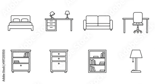 Furniture Line Art - Bed, Desk, Sofa, Chair, Cabinet, Nightstand, Bookshelf, Lamp.