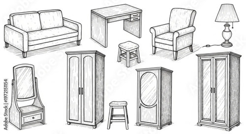 Detailed Sketch of Assorted Furniture Pieces in a Home Setting.