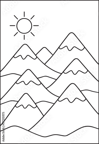 Mountain landscape outdoor scenery coloring page for kids, black line art vector illustration for activity book design