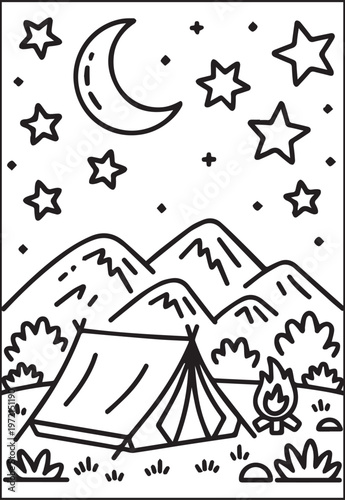 Mountain landscape outdoor scenery with camping tent coloring page for kids, black line art vector illustration for activity book design