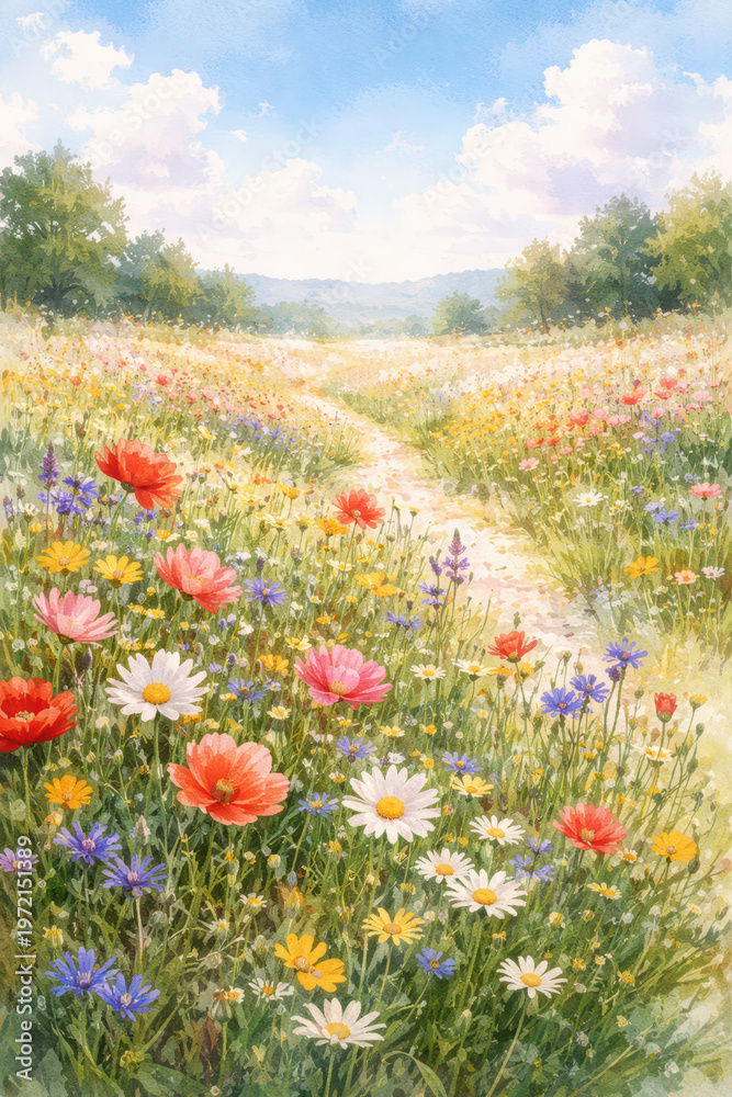 Obraz premium A vibrant field of wildflowers under a blue sky with fluffy clouds.