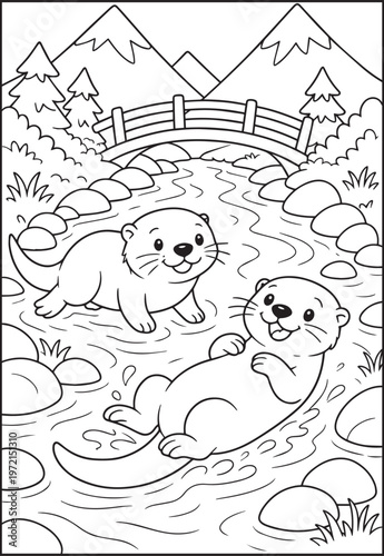 Mountain landscape outdoor scenery and two otter playing in water coloring page for kids, black line art vector illustration for activity book design