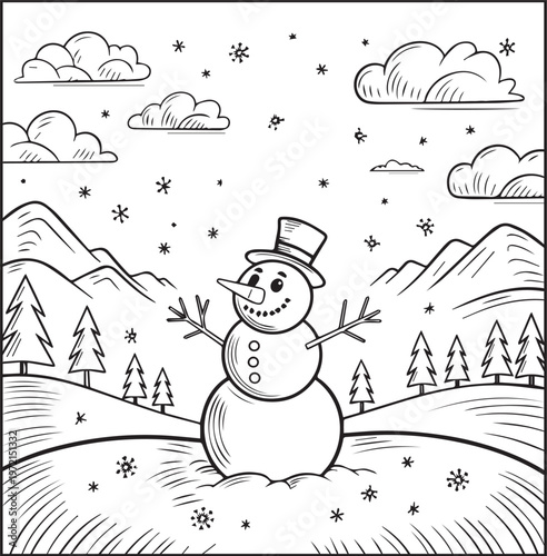 Mountain landscape outdoor scenery and snowman playing in winter scene coloring page for kids, black line art vector illustration for activity book design