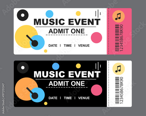 Music event ticket templates with guitar and musical notes, concert admission passes in blue and purple, live performance entry vouchers with barcode