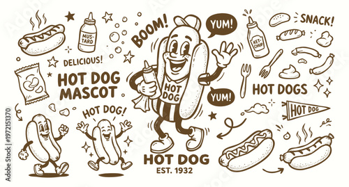 Vintage 1930s Retro Hot Dog Mascot and Fast Food Doodle Set