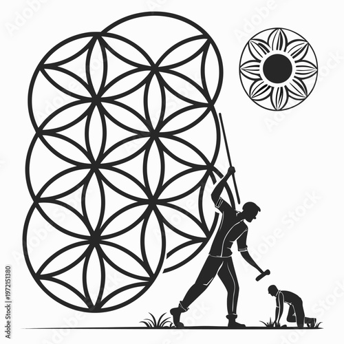 Geometric flower of life gardening, sacred geometry illustration, black line art, vector icons